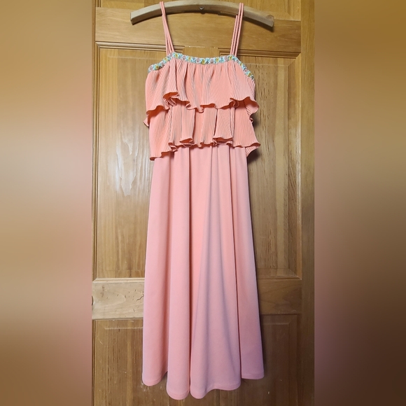 Source Unknown Dresses & Skirts - Vintage 70s Peach Pleated Midi Dress Floral Embroidered Trim Boho Prairie